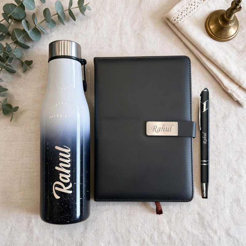 Personalized Glidder 3 in 1 Gift Set | Custom Name Bottle Diary & Pen Combo | Corporate Birthday Office Gifting Set