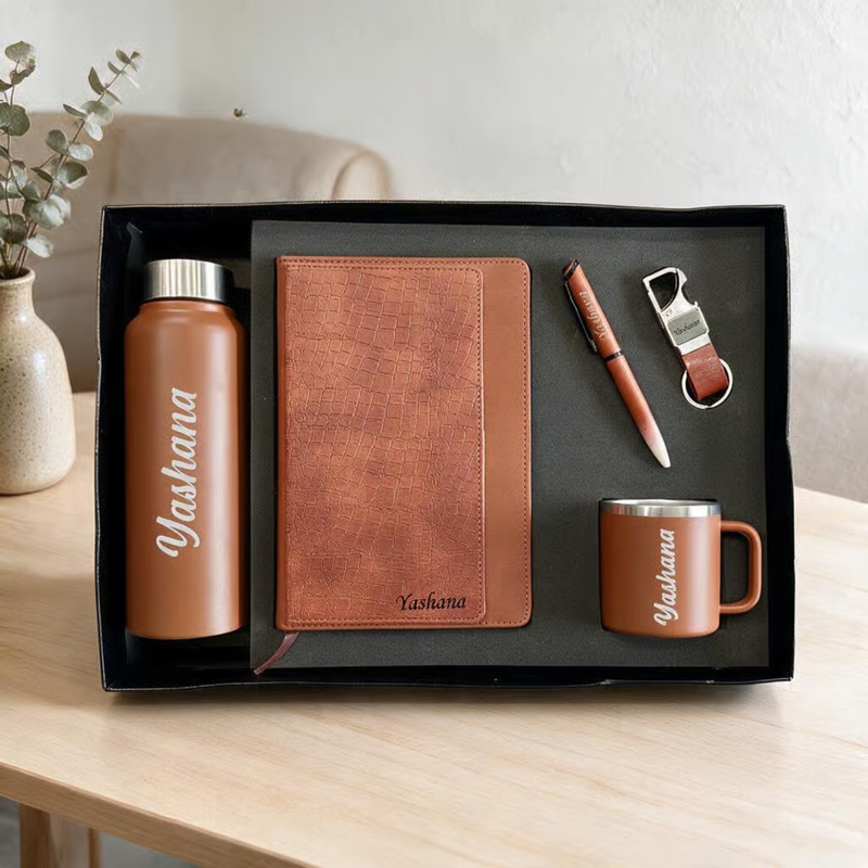 Personalized 5 in 1 Gift Set | Custom Name Diary Bottle Pen Keychain & Cup Combo | Gift Set for Birthday Corporate Office & Special Occasions
