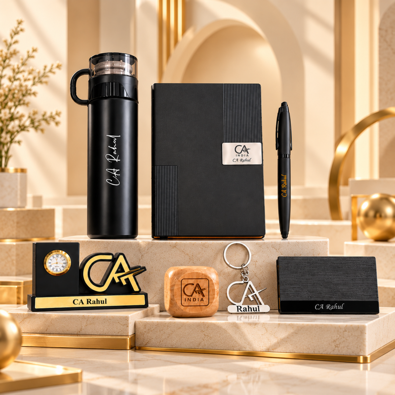 Personalised Legacy Professional Gift Set | Flask Diary Pen Keychain Pen Stand Paper Weight & Card Holder | 7-Piece Gift Set