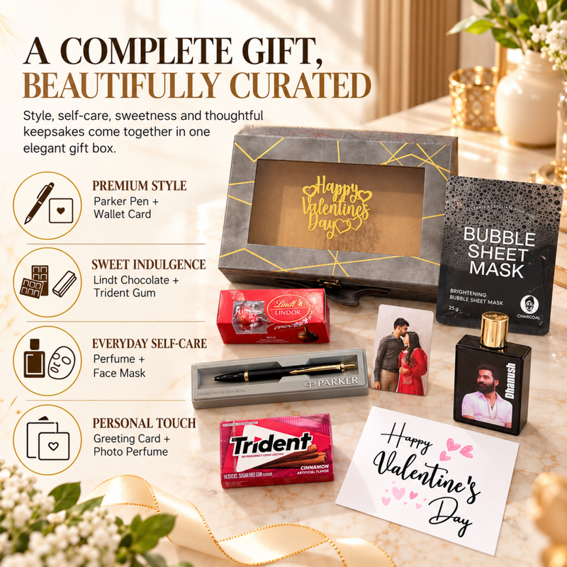 Crafted Premium Gift Set | Parker Pen Lindt Chocolate Bellavita Perfume Wallet Card Face Mask & Personalized Hamper | Luxury Gift Box for Special Occasions