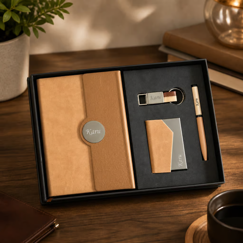 Personalized Ivory 4 in 1 Gift Set | Custom Name Diary Pen Keychain & Card Holder Combo | Corporate Birthday Office Gifting Set