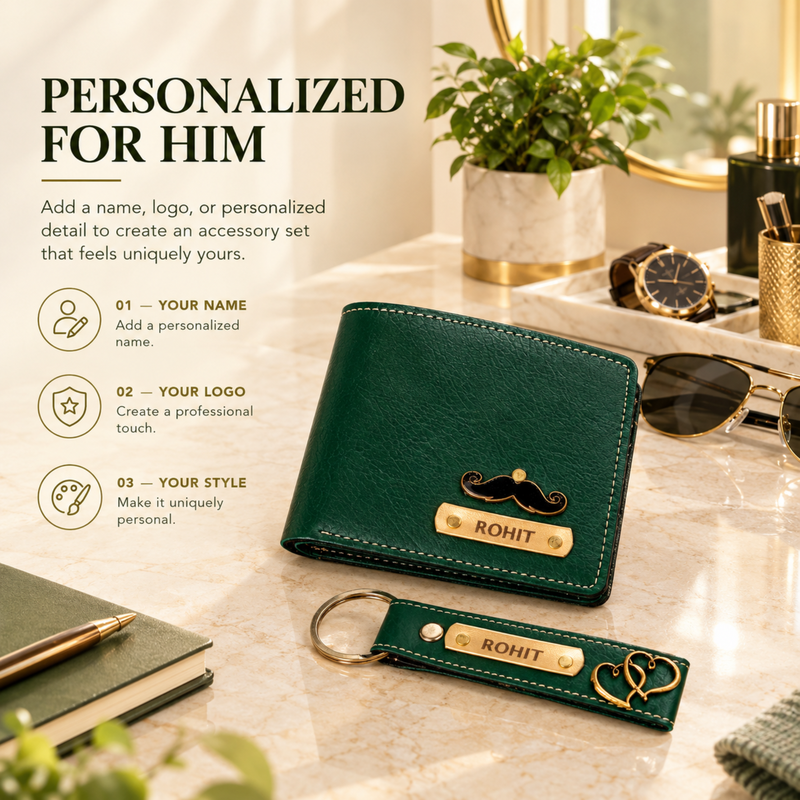 Nexon Customised Wallet & Keychain Combo | Personalised Men Wallet with Premium Keychain Gift Set | Stylish Accessories Hamper for Men