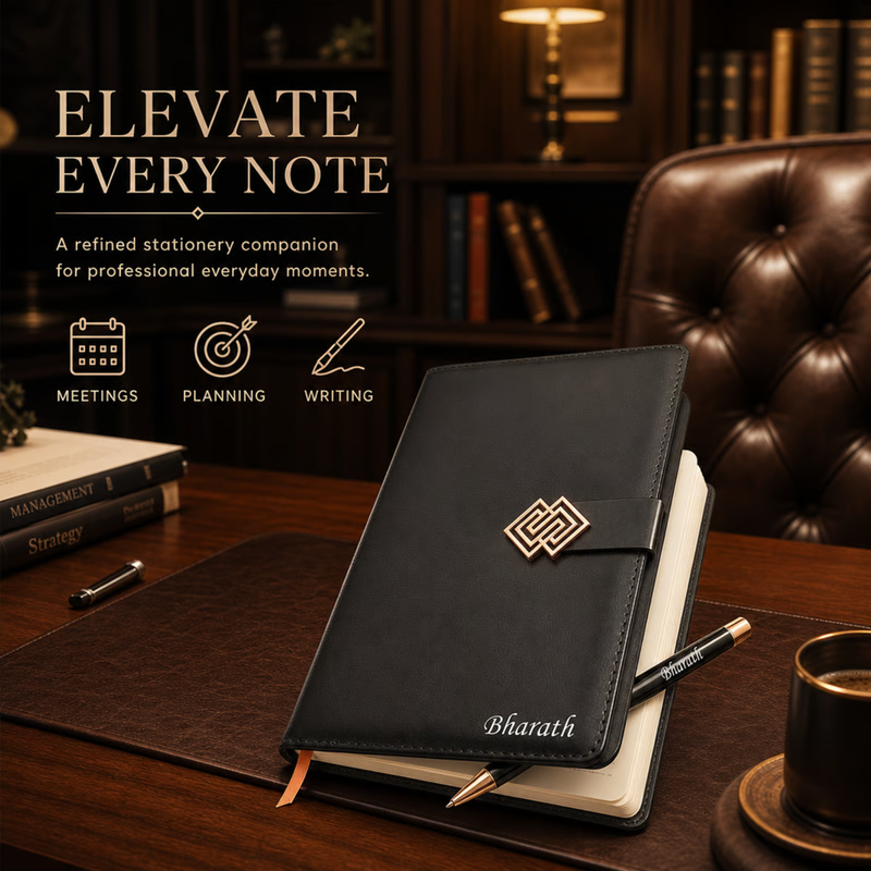 Rose Gold Personalised Diary Pen Set | Premium Leather Finish Diary with Elegant Rose Gold Emblem & Matching Pen | Luxury Office Stationery Gift Set