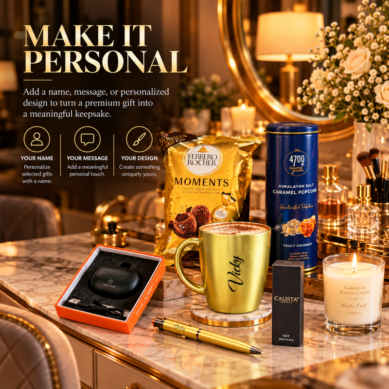 Luxury Customised Gift Hamper | Personalised Bistro Mug, Ferrero Moments, Popcorn, AirPods, Pen, Perfume & Candle Premium Gift Set