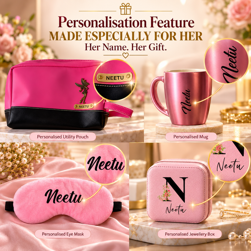 Personalised Woman Luxe Gift Box | Premium Women Gift Hamper with Utility Pouch, Mug, Eye Mask, Jewellery Box & Beauty Essentials