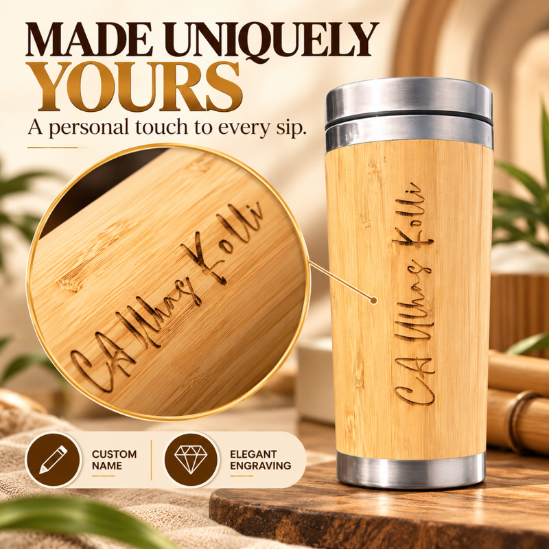 Personalised Bamboo Travel Mug | 400ml Wooden Finish Coffee Tumbler