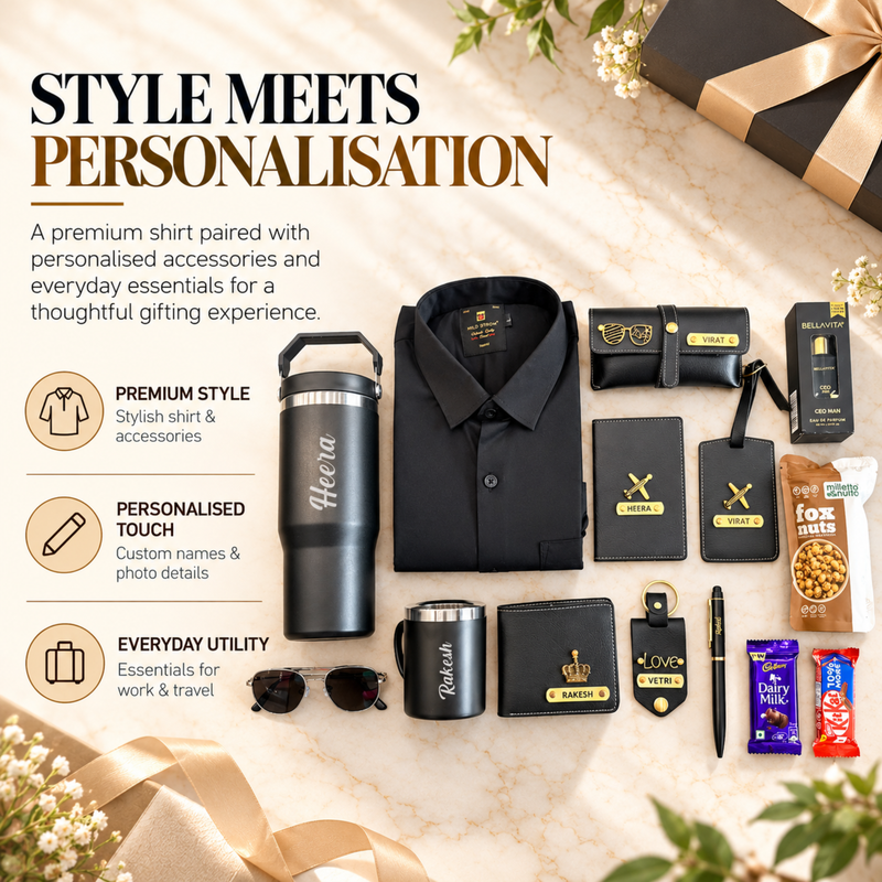 Zenit Premium Shirt Hamper For Men | Personalized Gift Set With Flask Wallet Perfume Accessories & Chocolates
