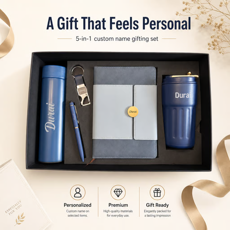 Personalized Calista 5 in 1 Gift Set | Custom Name Flask Diary Travel Mug Pen & Keychain Combo | Corporate Birthday Office Gifting Set