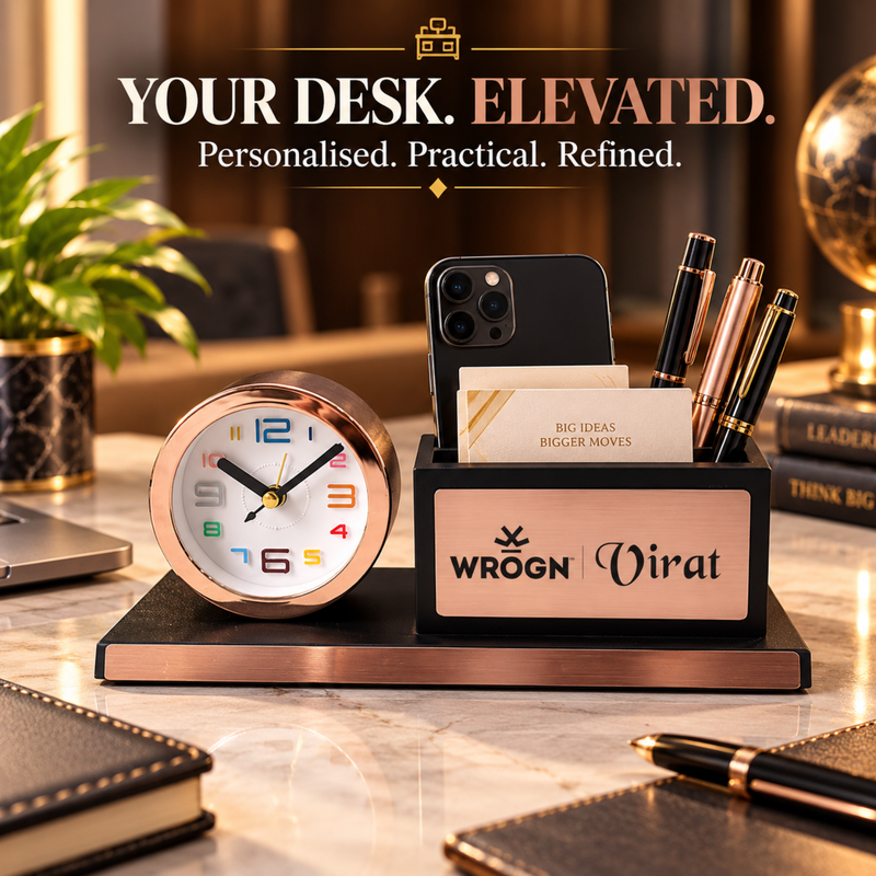 Personalised Rose Gold Pen Stand with Mini Clock | Premium Desk Organizer with Mobile Holder | Office Table Accessory Gift