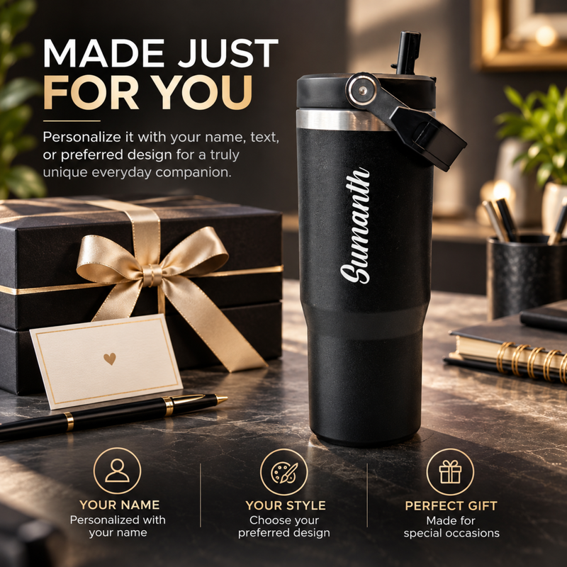 Zenith Customised 900 ml Stainless Steel Straw Sipper Flask | Personalised Insulated Travel Tumbler for Hot & Cold Beverages | Premium Reusable Water Bottle