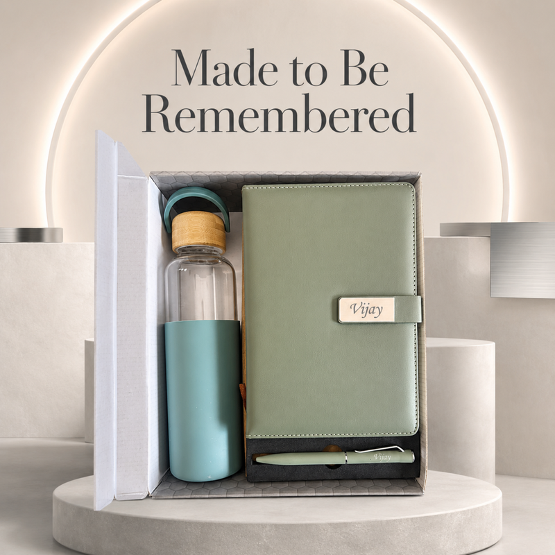 Personalized Orbitor 3 in 1 Gift Set | Custom Name Glass Bottle Diary & Pen Combo | Corporate Birthday Office Gifting Set