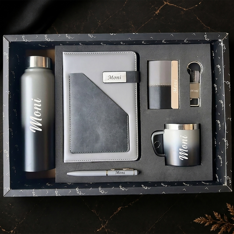 Personalized Dual Tone 6 in 1 Gift Set | Custom Name Diary Bottle Pen Keychain Card Holder & Mug Combo | Corporate Birthday Office Gifting Set