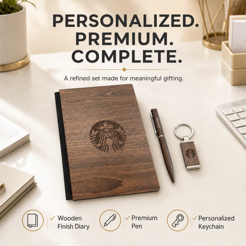 Embassy Gift Set | A5 Wooden Finish Diary with Premium Pen & Personalized Keychain | Luxury Corporate Gift Set for Office Professionals & Special Occasions