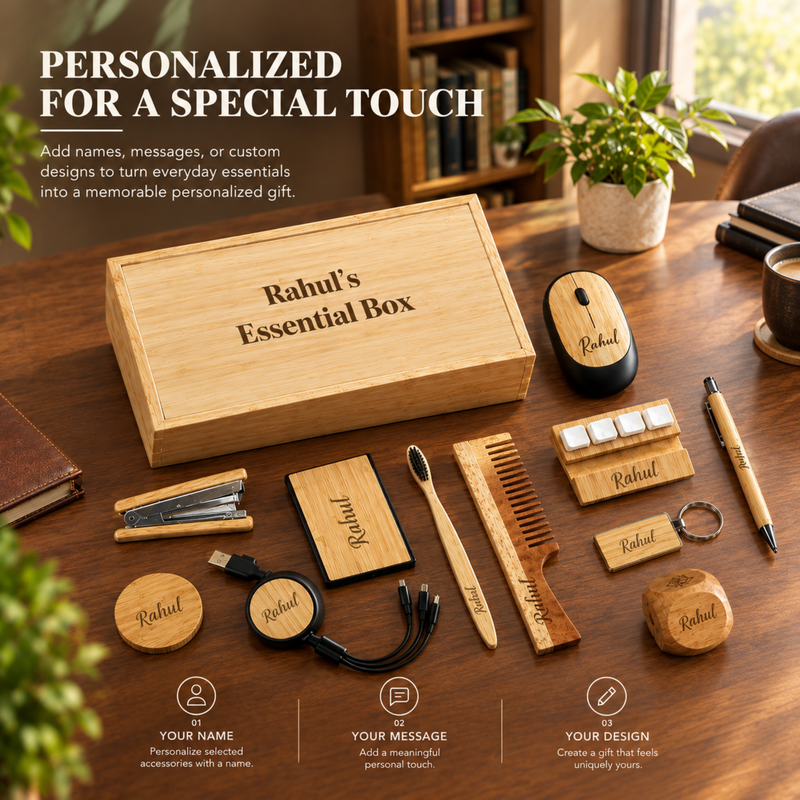 Bamboo Customised Essential Gift Set | Personalised Wooden Box with Toothbrush, Hair Brush, Stapler, Bottle Opener, Cable Set, Card Holder, Pen, Keychain, Mobile Holder & Mouse