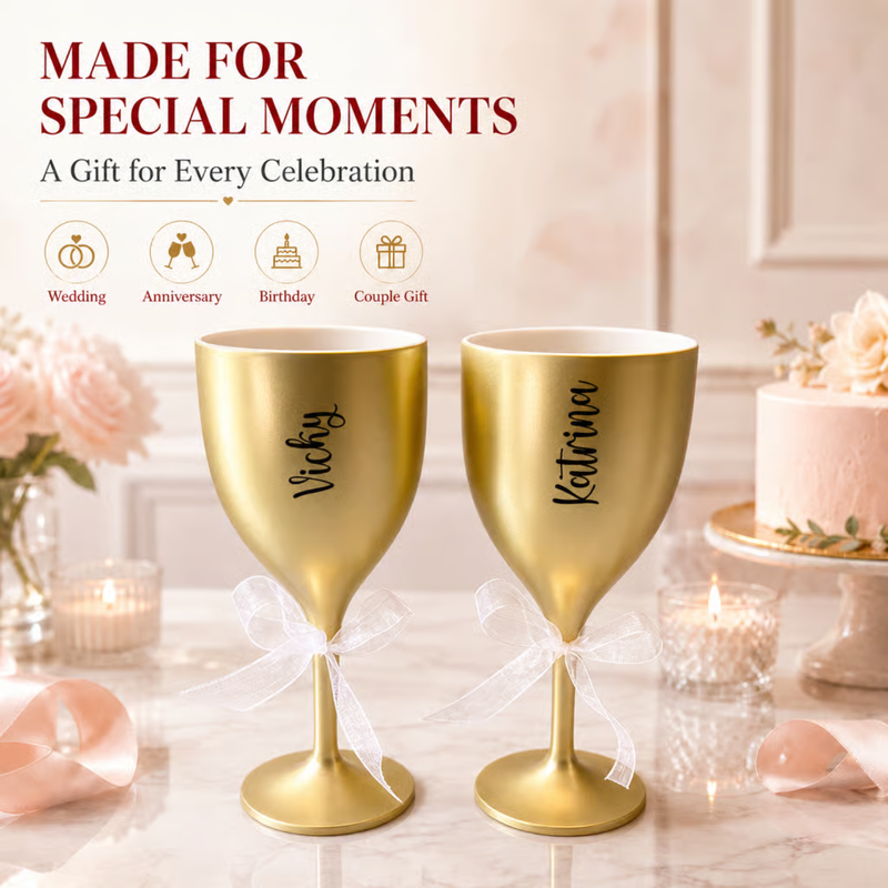Personalized Wine Glass Set of 2 | 300 ml Premium Unbreakable Wine Glasses with Custom Name Printing | Matte Finish Champagne Goblets for Wedding, Anniversary, Couple, Birthday & Gift | Gift Box Available