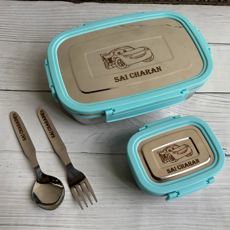 Personalized Lunch Box for Kids | 2 Partition & 3 Partition Stainless Steel Lunch Box with Fork & Spoon | Custom Cartoon Design