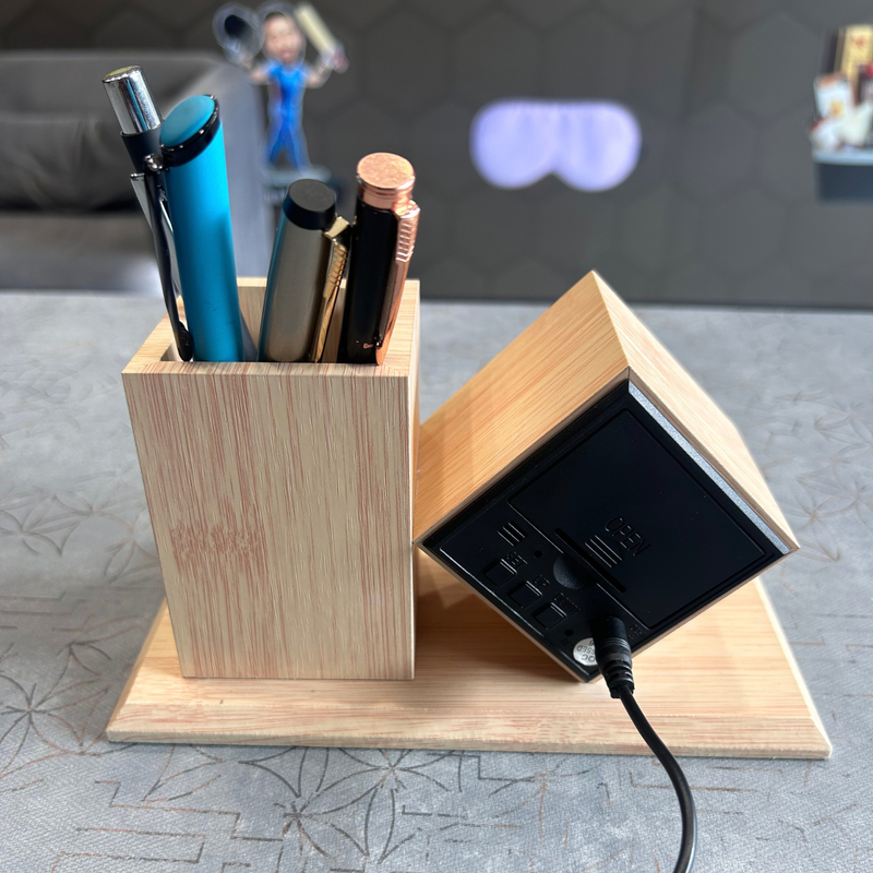 Bamboo Desk Organizer with Digital Clock Display | Wooden Pen Holder for Office & Study Table