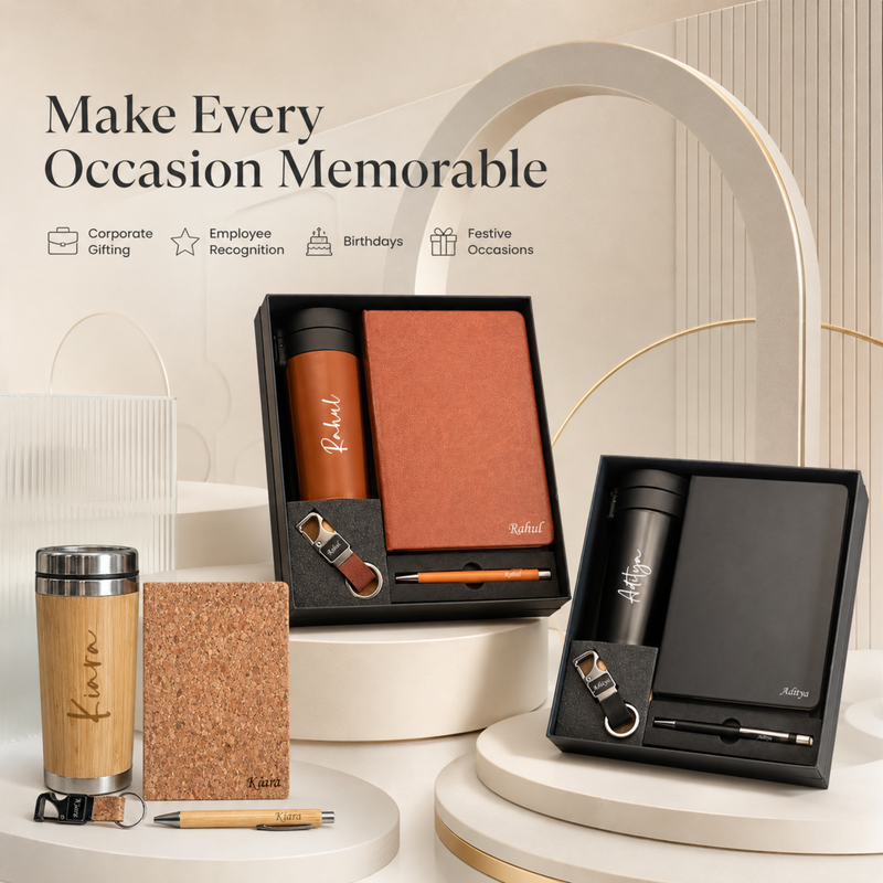 Personalized Picasso 4 in 1 Gift Set | Custom Name Travel Mug Diary Pen & Keychain Combo | Corporate Birthday Office Gifting Set
