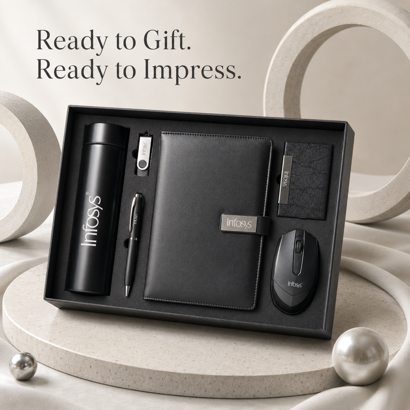 Personalized Nexora 6 in 1 Gift Set | Custom Name Flask Diary Pen Mouse Card Holder & Pen Drive Combo | Corporate Office Gifting Set