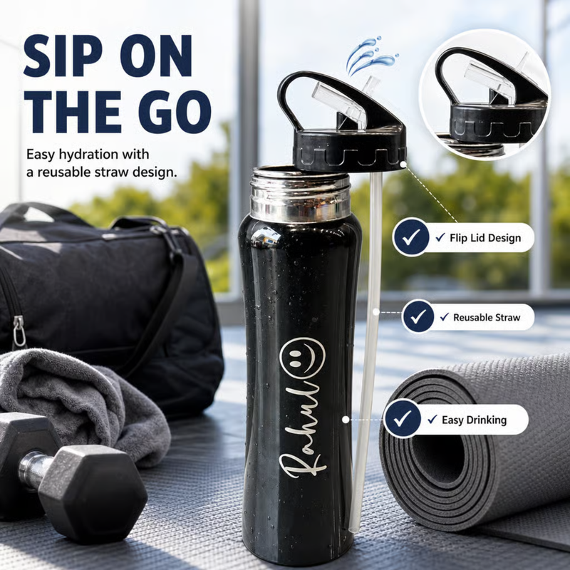 Nexon Personalized Straw Sipper Bottle | 750ml Stainless Steel Water Bottle with Flip Lid & Reusable Straw | Leak Resistant Travel Bottle for Kids, Office, Gym & Outdoor Use