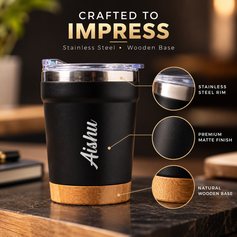 Personalised Supreme Travel Mug | 350ml Tumbler with Wooden Base Grip
