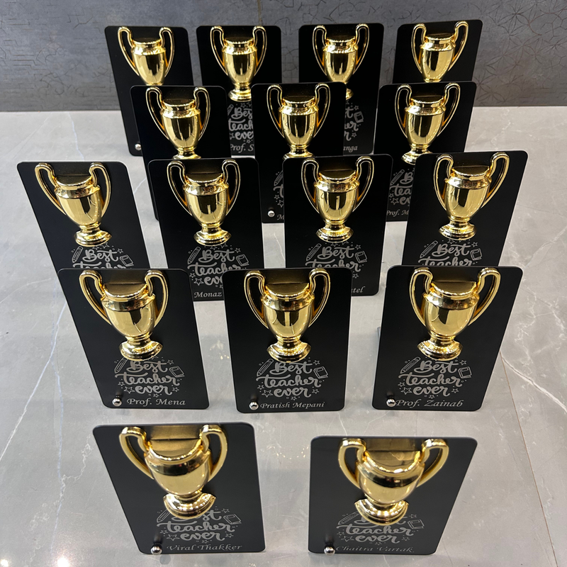 Customised Premium Trophy Table Top Gift with Gold & Silver Cup Design | Personalized Acrylic Award Plaque for Teachers, Seniors, Students, Champions, Farewell & Appreciation Gifts
