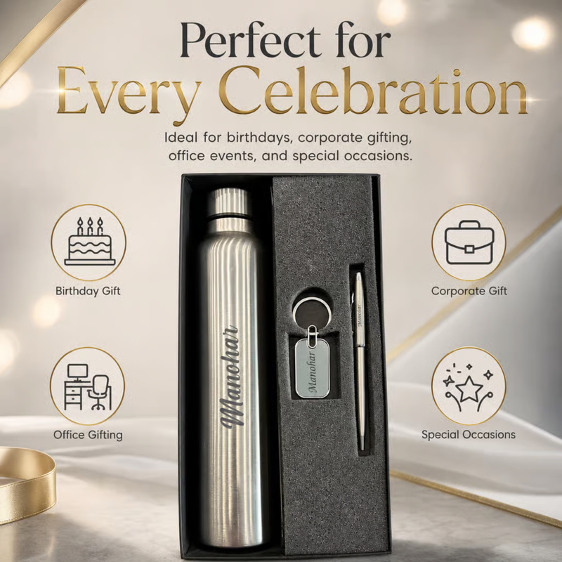 Personalized Classic Steel 3 in 1 Gift Set | Custom Name Steel Bottle Pen & Keychain Combo | Corporate Birthday Office Gifting Set