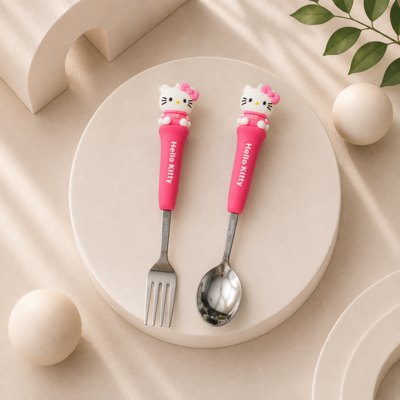 Fancy Silicone Fork & Spoon Set | Stitch & Hello Kitty Cute Character Kids Dining Cutlery for Everyday Use