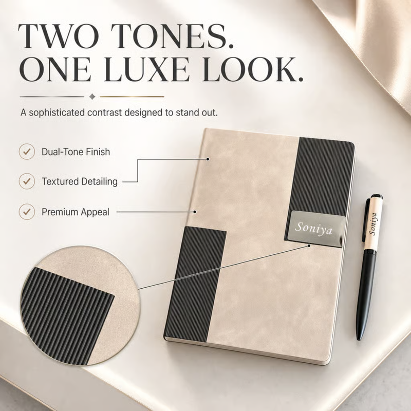 Titanium Luxe Personalised Diary Pen Set | Premium Dual Tone Diary with Custom Name Printing & Elegant Matching Pen | Luxury Office Stationery Gift Set