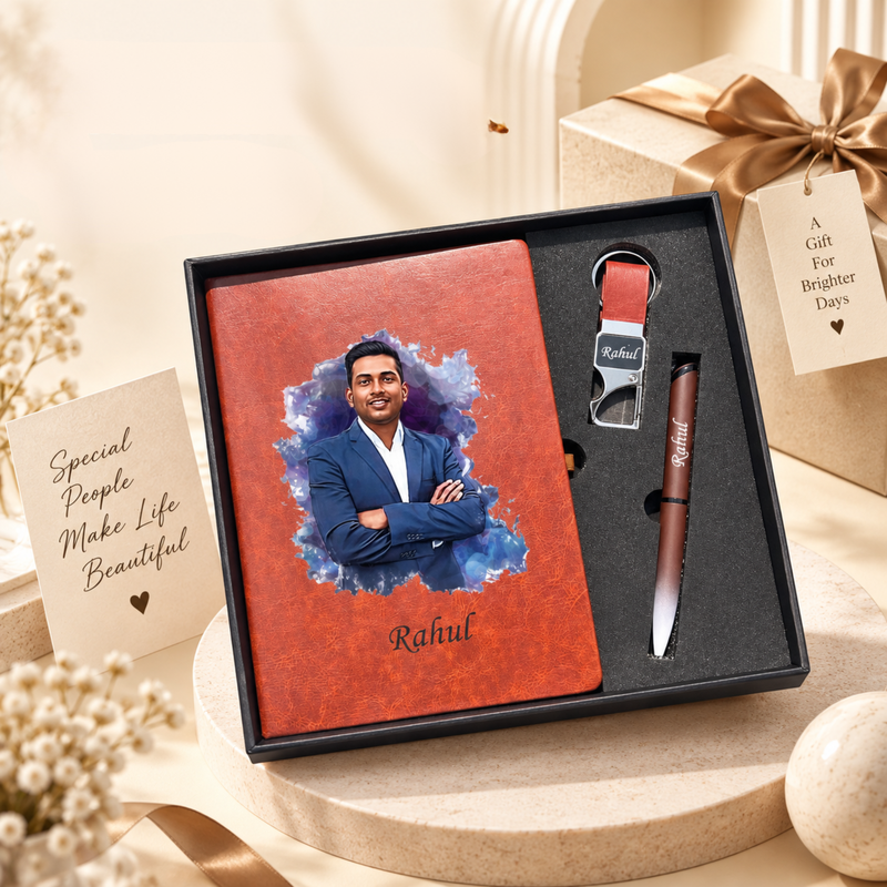 Personalized Artistic 3 In 1 Combo Gift Set | Custom A5 Diary with Pen & Keychain | Premium Corporate Gift Set for Men & Women