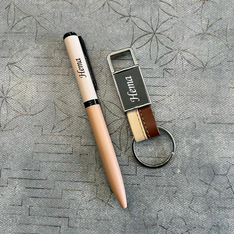 Personalised Dual Tone Pen & Keychain Set | Stylish Pen with Matching Dual Tone Keychain | 2-Piece Gift Set for Men & Women
