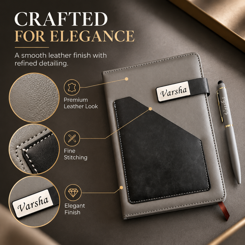 Terra Luxe Personalised Diary Pen Set | Premium Leather Finish Diary with Custom Name Plate & Matching Pen | Elegant Office Stationery Gift Set