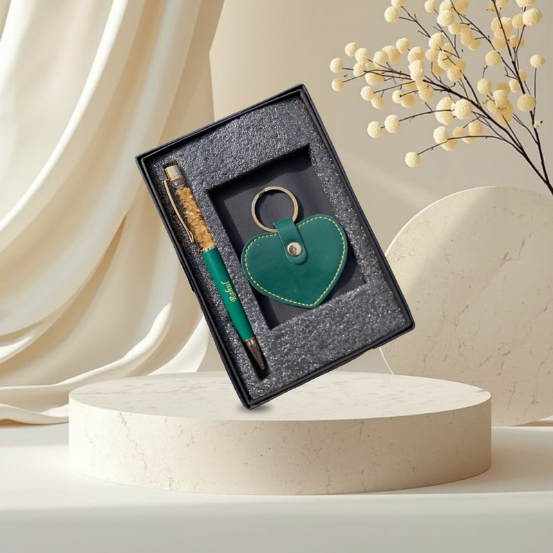 Personalised Heart Shape Keychain & Gold Flake Pen Set | Stylish Pen with Heart Keychain | 2-Piece Gift Set for Men & Women