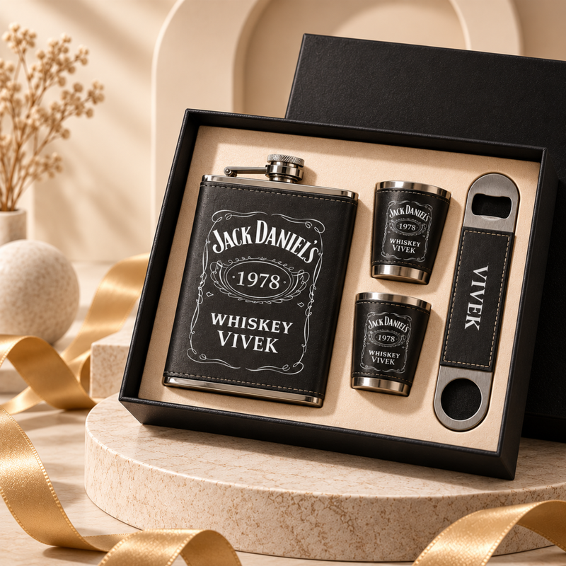 Personalised Hip Flask Gift Set 200ml with 2 Shot Glasses & Bottle Opener | Premium Custom Flask Set for Men