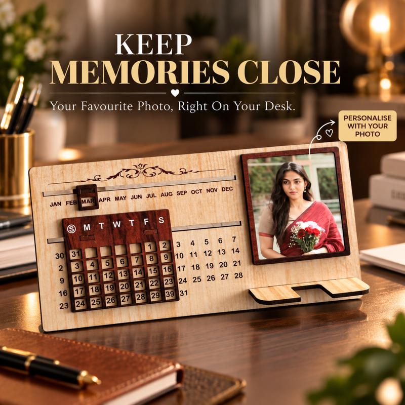 Personalised Infinity Calendar Stand with Photo Frame & Mobile Holder