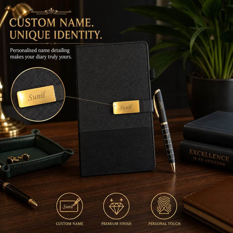 Modena Personalised Diary Pen Set | Premium Textured Diary with Custom Name Plate & Matching Pen | Elegant Office Stationery Gift Set for Professionals