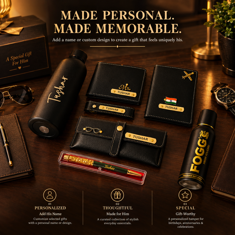 Customised All Occasion Gift Set for Men | Solid Flask, Wallet, Keychain, Eyewear Case, Body Spray, Gold Flake Pen & Ferrero Chocolates | Premium Personalised Gift Hamper