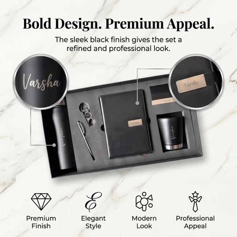 Personalized Crown 6 in 1 Gift Set | Custom Name Flask Diary Travel Mug Pen Card Holder & Keychain | Corporate Office Birthday Gift Combo