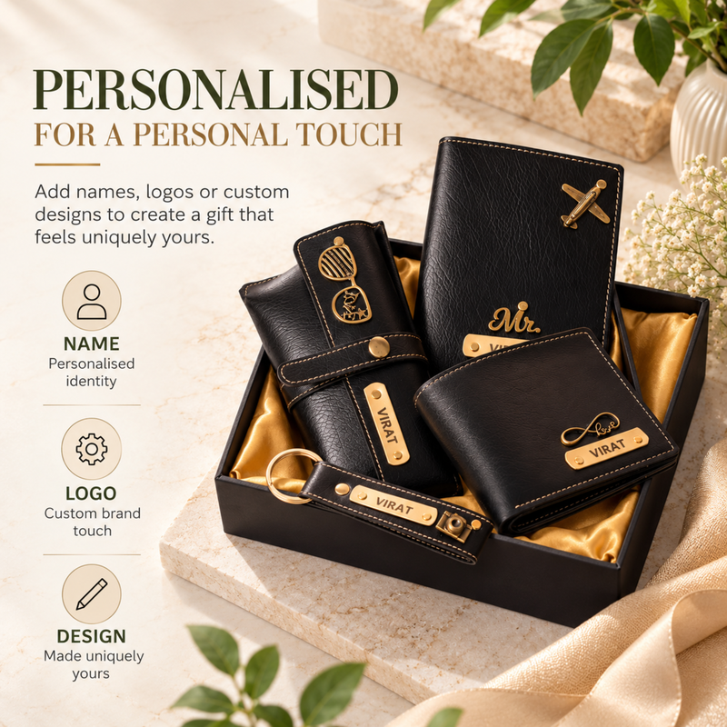 Nexon Customised 4 in 1 Hamper | Personalised Men Wallet, Passport Cover, Eyewear Case & Keychain Gift Set | Premium Accessories Gift Box for Men