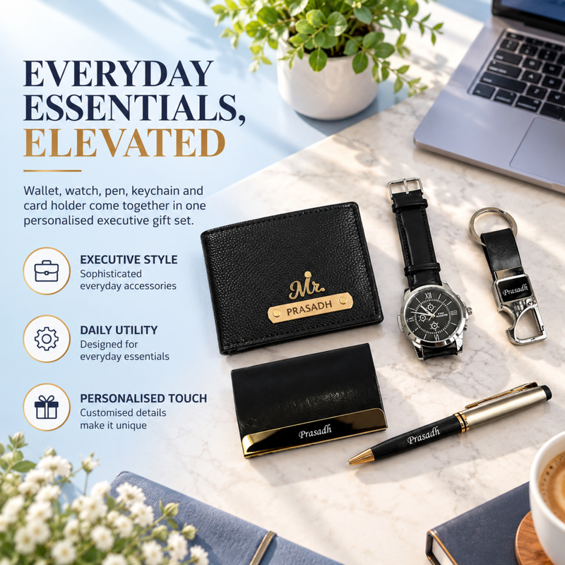 Timex Personalised Gift Set | Executive Wallet with Wrist Watch Pen Keychain & Card Holder | Premium Customised Gift Hamper for Men