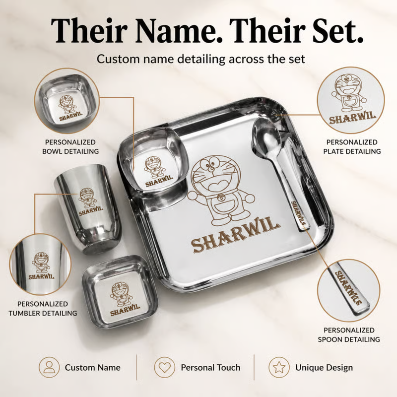 Personalized Square Dinner Set | Custom Name Plate 2 Cups Glass Fork & Spoon | Stainless Steel Dining Gift Set for Kids & Gifting