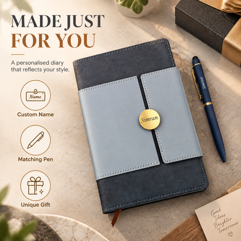 Fusion Personalised Diary Pen Set | Premium Dual Tone Diary with Custom Name & Matching Pen | Elegant Office Stationery Gift Set for Professionals Students