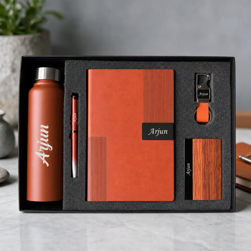 Personalized Erocare 5 in 1 Gift Set | Custom Name Diary Bottle Pen Keychain & Card Holder Combo | Corporate Birthday Office Gifting Set