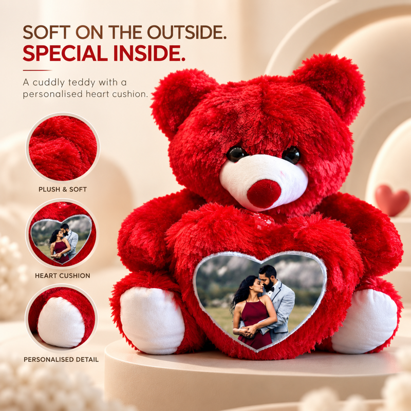 Personalized Teddy Photo Cushion | Custom Photo Printed Teddy Bear Cushion | Romantic Couple Gift | Birthday Anniversary Valentine Gift