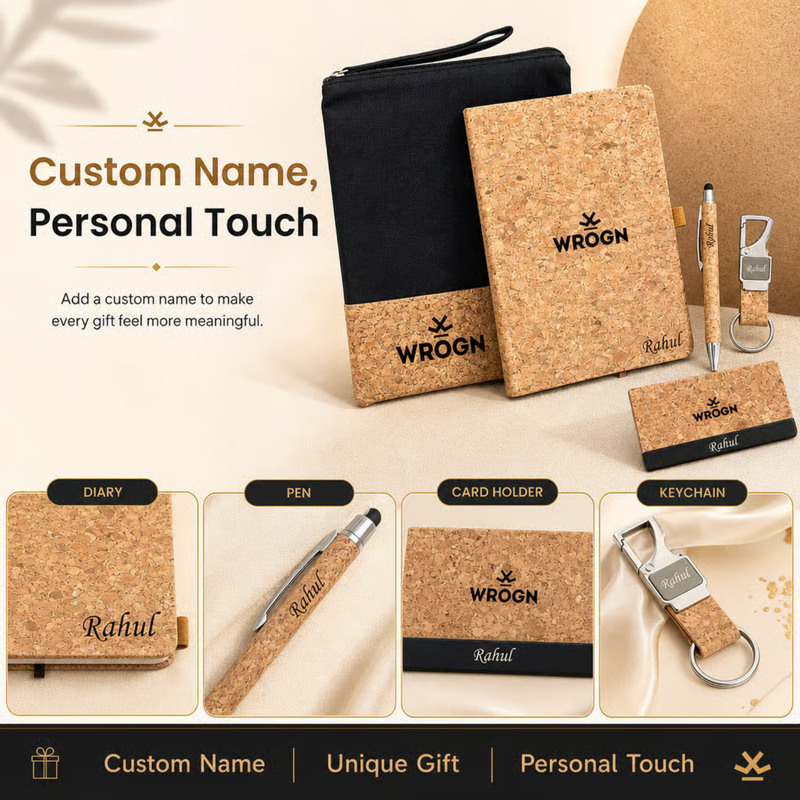 Personalized Cork 5 in 1 Gift Set | Custom Name Diary Jute Pouch Pen Card Holder & Keychain Combo | Corporate Birthday Office Gifting Set