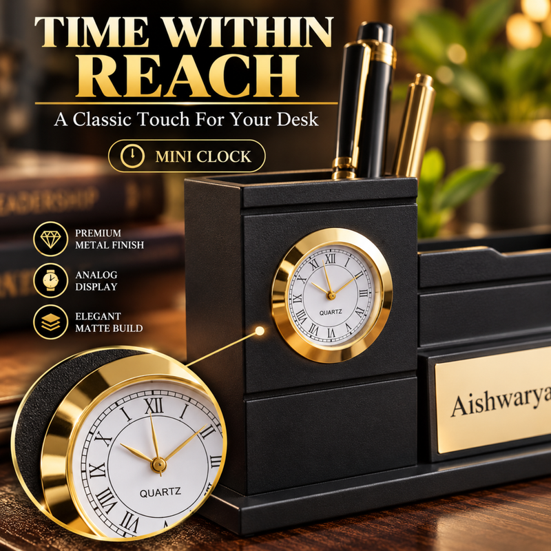 Personalised Cello Pen Stand with Mini Clock | Custom Name Desk Organiser for Office & Study Table