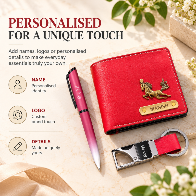 Nexon Customised Wallet Pen & Keychain Combo | Personalised Men Wallet, Pen & Bottle Opener Keychain Gift Set | Premium Accessories Hamper