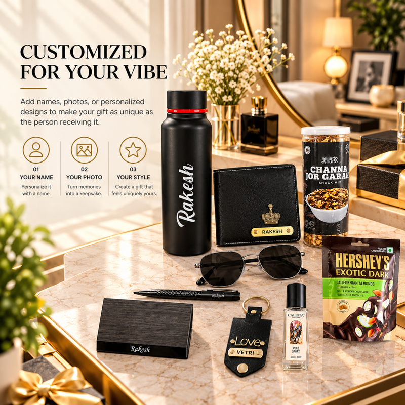 Genz Cool Customised Hamper | Personalised Boro Trek Bottle, Wallet, Pen, Photo Keychain, Sunglasses, Perfume, Snacks & Chocolate Gift Set