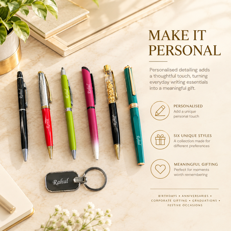 6 in 1 Personalised Pen Gift Set | 6 Stylish Pens with Keychain | Premium Gift Set for Men & Women