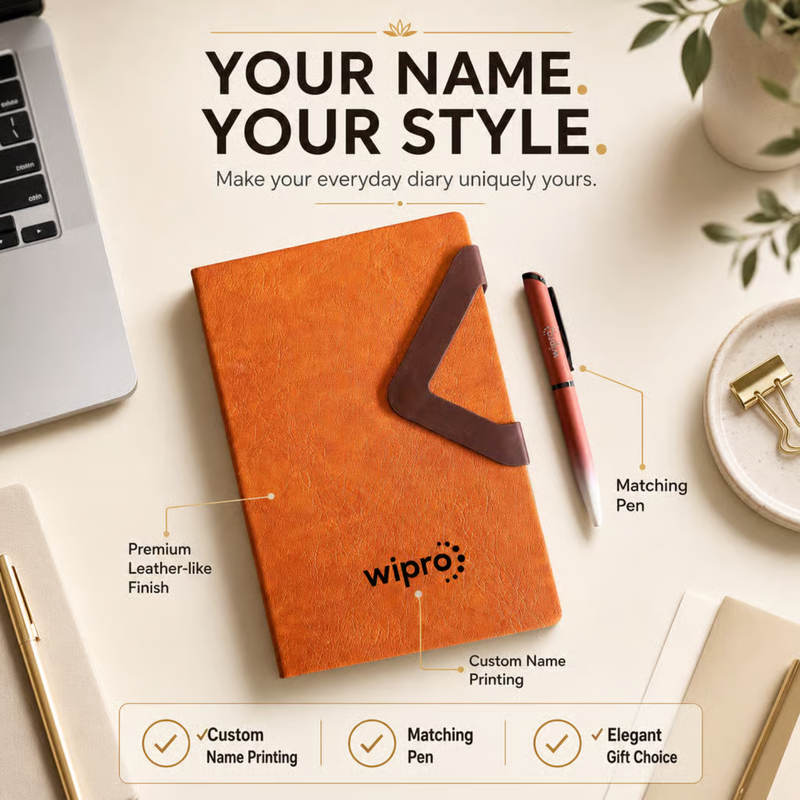 Volas Personalised Diary Pen Set | Premium Leather Finish Diary with Custom Name Printing & Matching Pen | Elegant Office Stationery Gift Set for Professionals